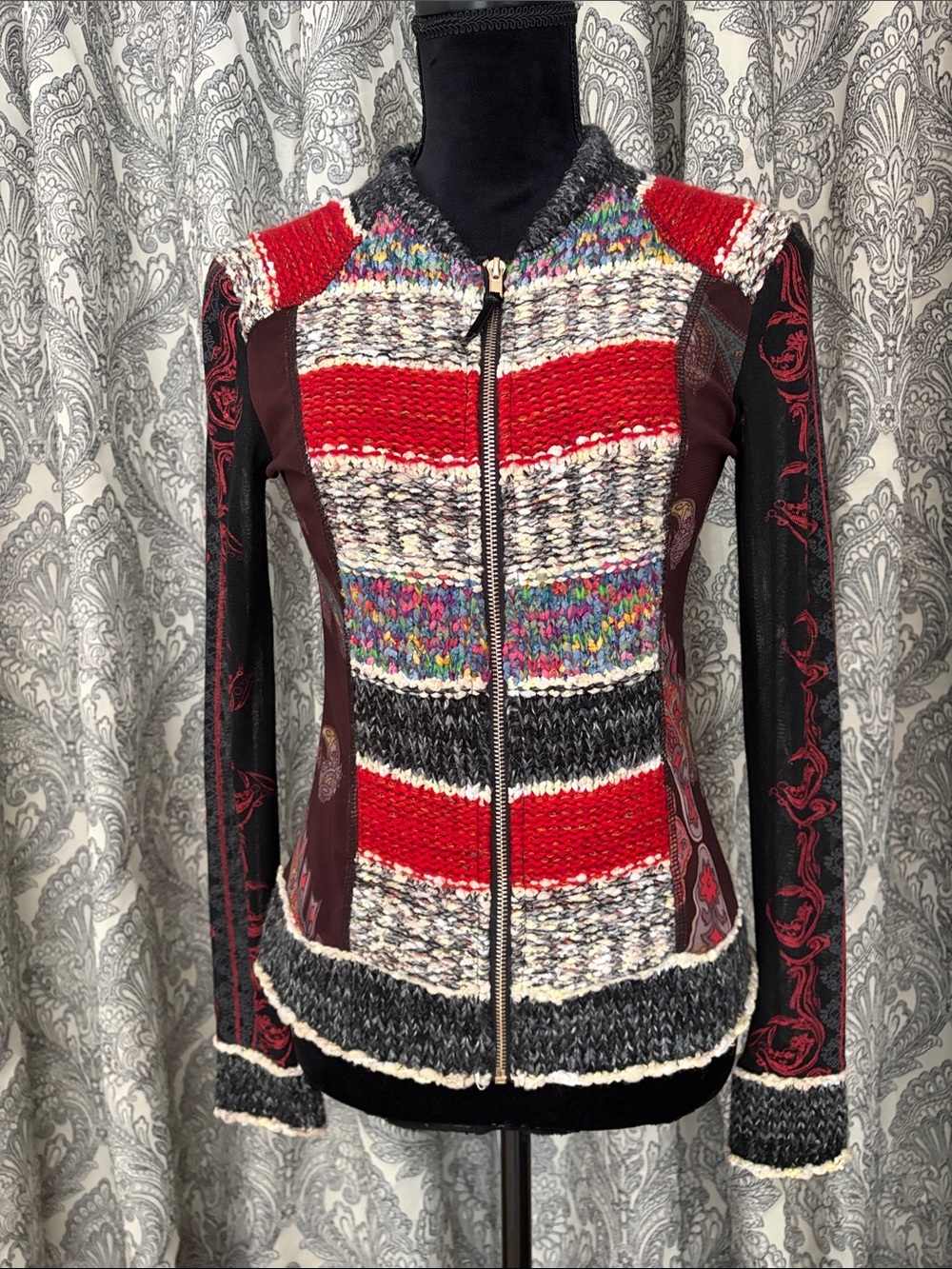 VINTAGE Mix mixed media knit, zip up jacket with mesh sides and sleeves